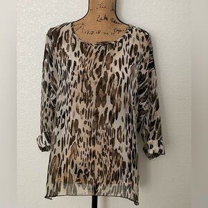 Chico's Brown and Black Sheer 3/4 Sleeve Blouse